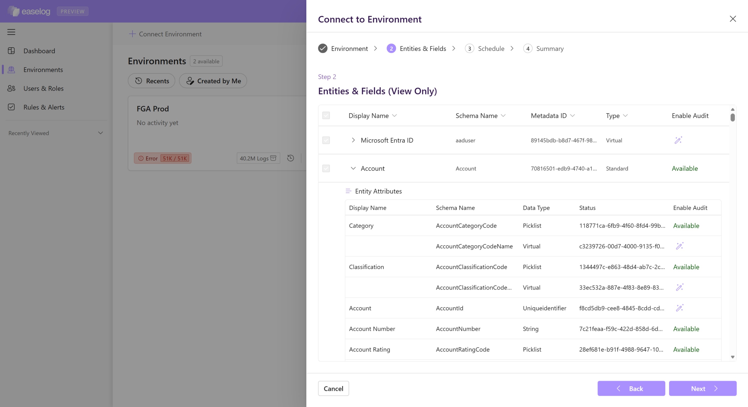 The EaseLog Connect to Environment wizard, step two, listing Dataverse entities and their fields with schema name, type, and a per-field Enable Audit control.