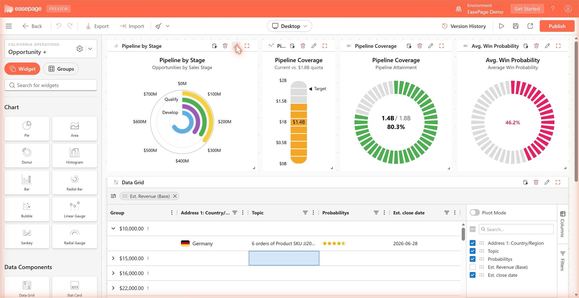 The EasePage Maker Studio: building an opportunity dashboard with pipeline charts and a grouped data grid, the widget library open on the left.