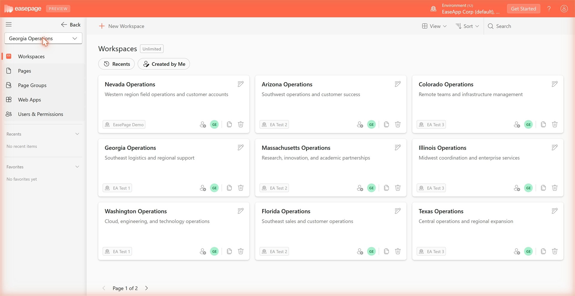 The EasePage management app: a grid of operations workspaces, with left-nav for Pages, Page Groups, Web Apps, and Users & Permissions.